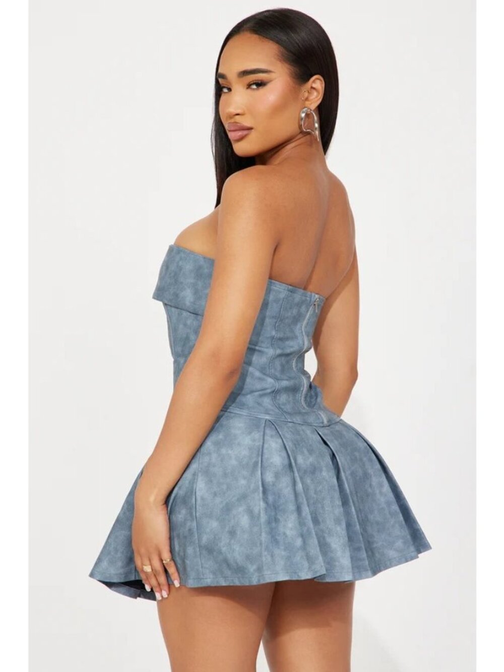 Fashion Nova Dress 2X Pia Faux Leather Mini Slate Blue Belt Back Zipper Closure - Picture 3 of 10